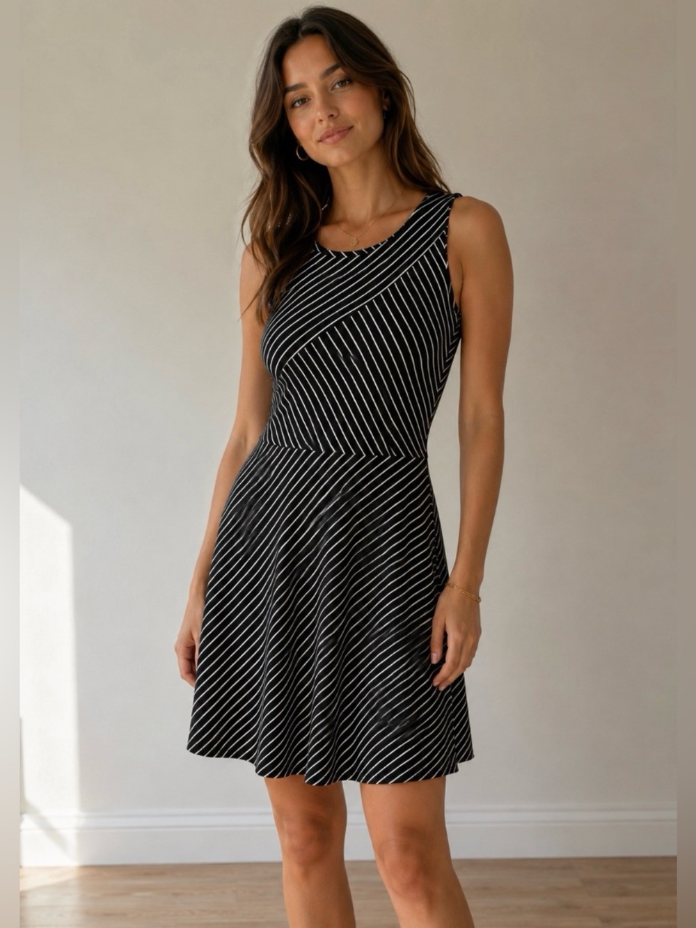 Athleta Santorini High Neck Mix Stripe Dress Size Small Black Sleeveless